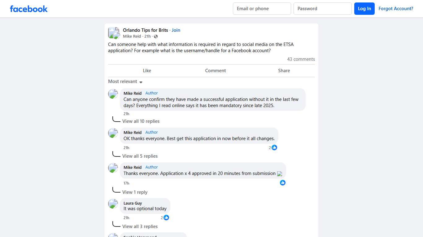 Orlando Tips for Brits | Can someone help with what information is required in regard to social media on the ETSA application | Facebook